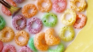 Fruit Loops cereal in a bowl of milk