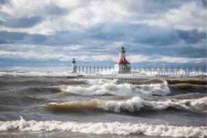 Lighthouse with big waves on Lake Michigan