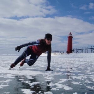 Ice skater on Lake Michigan at Grand Haven pier