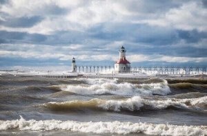 Lake Michigan surf pounds lighthouse