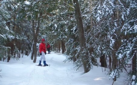 Woman in a red coat on a snowy trail in Pigeon River Forest- a favorite winter thing to do in Michigan