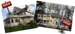 For a story about buying a B&B, two bed and breakfasts are juxtaposed in a photo illustration, each one with a SOLD sign