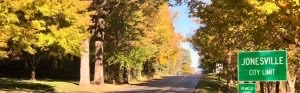 The two-lane road into Jonesville Michigan with tree canopy in autumn colors