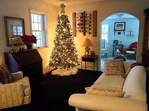 Christmas tree stands tall in the corner of a living room