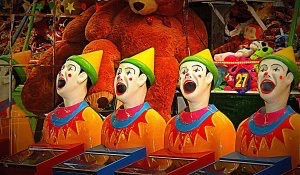 Stylized illustration of clowns at a carnival laughing