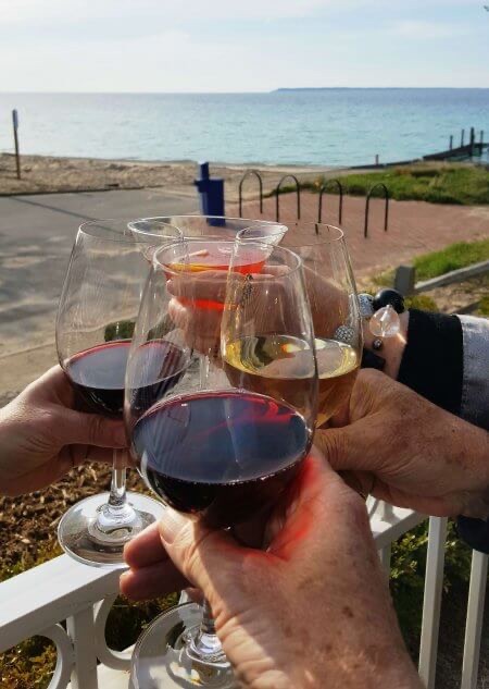 With hands holding wine glasses, four friends toast each other with Lake Michigan in the background.