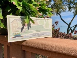 An MBBA gift certificate leans on a pot of Christmas cactus in bud.