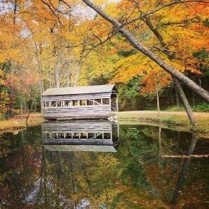 Covered bridge and pond at The Morris Estate with leaves in autumn colors
