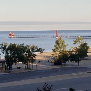 View of lighthouses in Grand Haven from the patio of Looking Glass B&B.