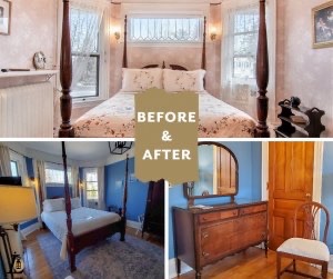 Before and after photos of the Rose Room, now called the Carpenter Room, at Lamplighter B&B in Ludington