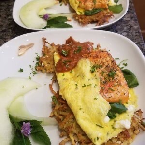 Omelet Florentine with salmon, as served at Judson Heath Colonial Inn.