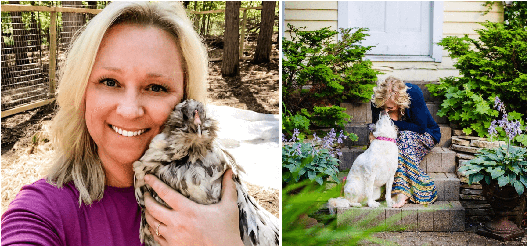 Bellaire B&B owner-innkeeper Holly Wilson with one of her chickens and with her dog