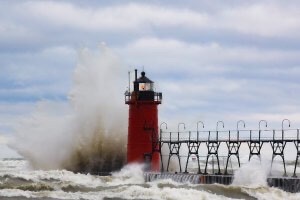 High Lake Michigan waves blast the South Haven South Pier Light