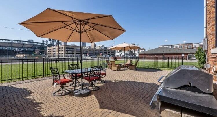 Patio of Cochrane House with major sports stadiums in background