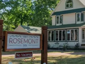 Rosemont Inn sign, 1901, and front entrance.