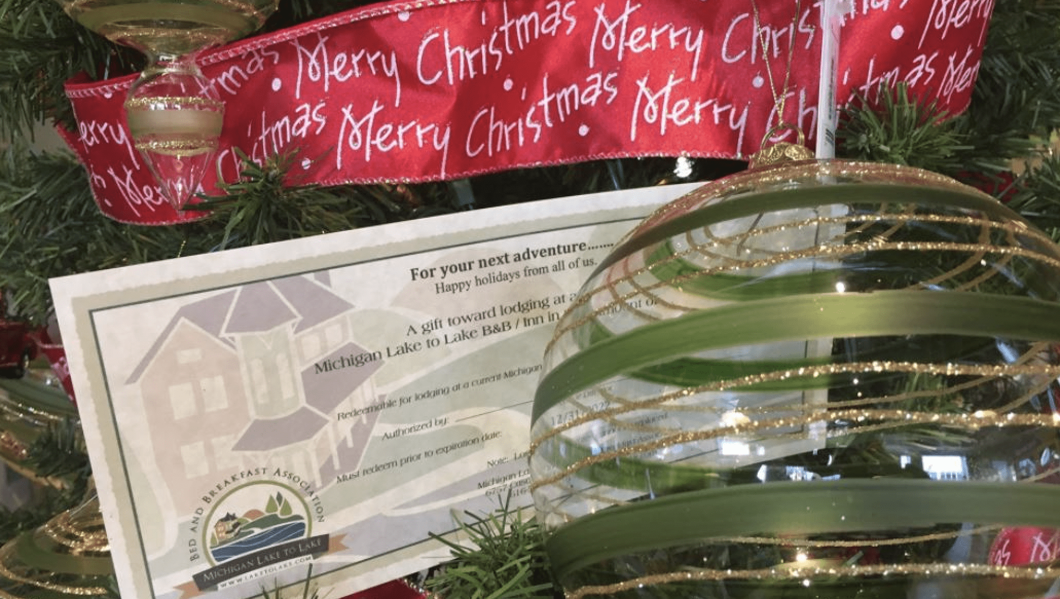Michigan bed and breakfast gift certificate on a Christmas tree