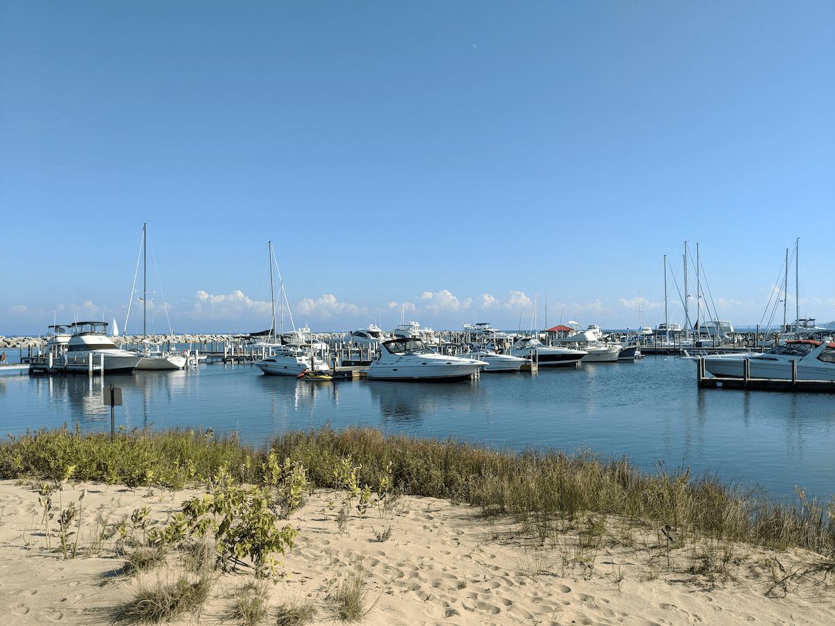 Motor boats in a harbor with a frontal view of sand and grasses