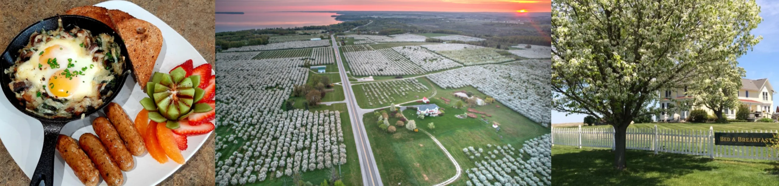 three pictures of the views from Country Hermitage showing cherry fields and traverse bay