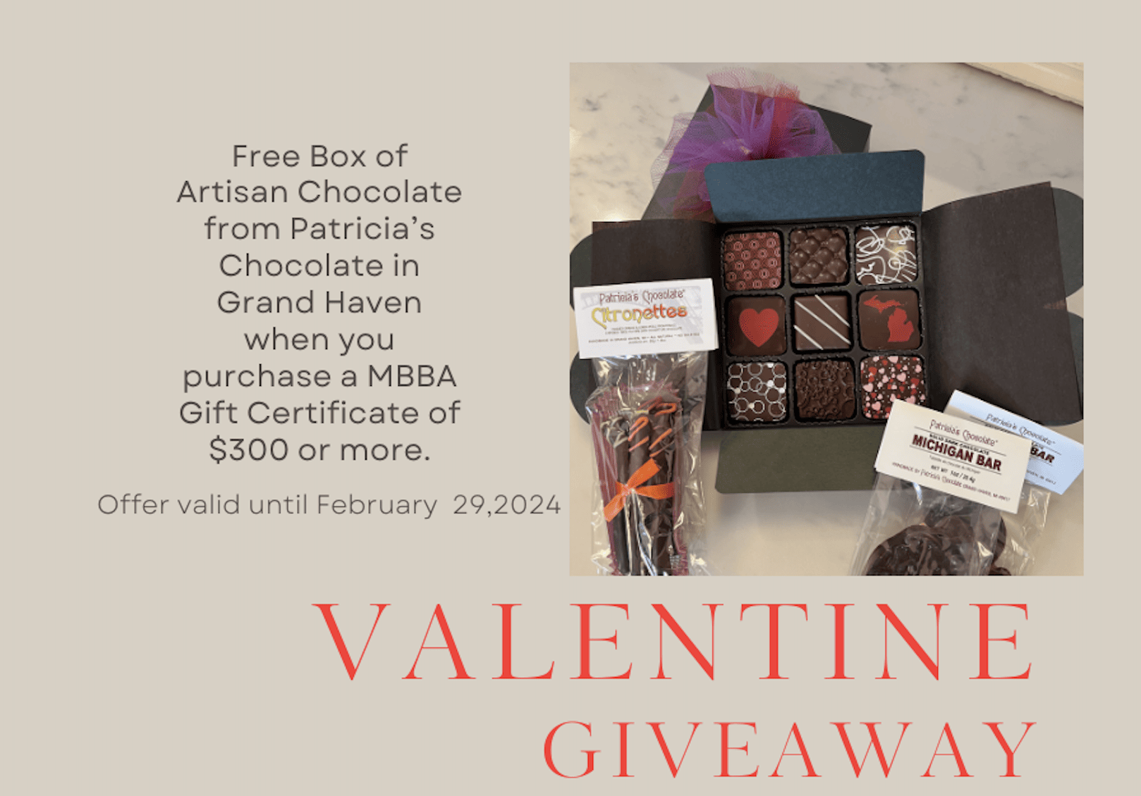 Box of chocolate that is free when you purchase a Michigan Bed & Breakfast Gift Card