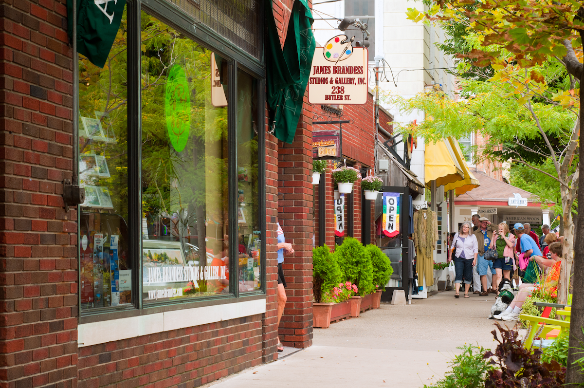 Shops and galleries line Butler Street in Saugatuck, Michigan,