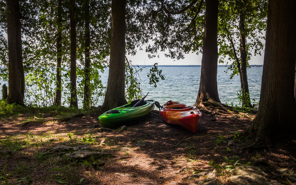 Two kayaks beside a lake shaded by trees