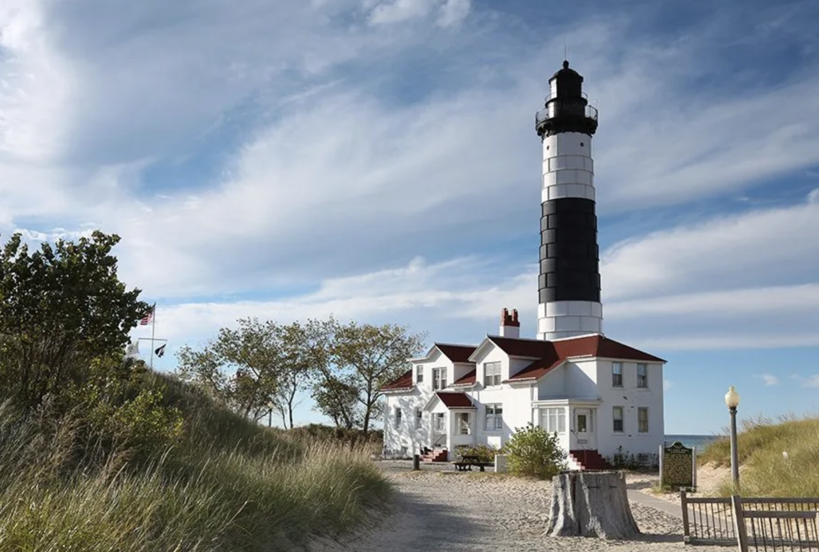 Big Sable Lighthouse in Ludington with cloudy skies