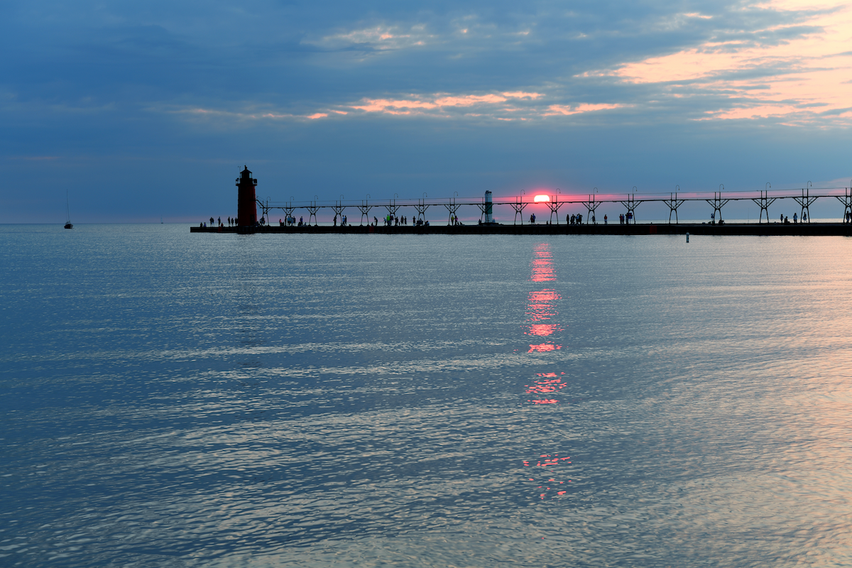 Beautiful blue colors at sunset over the South Haven Lighthouse